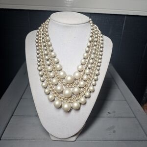 Vintage Multi-Strand Faux Pearl Necklace w/ Gold Tone Chain & Bar Clasp |